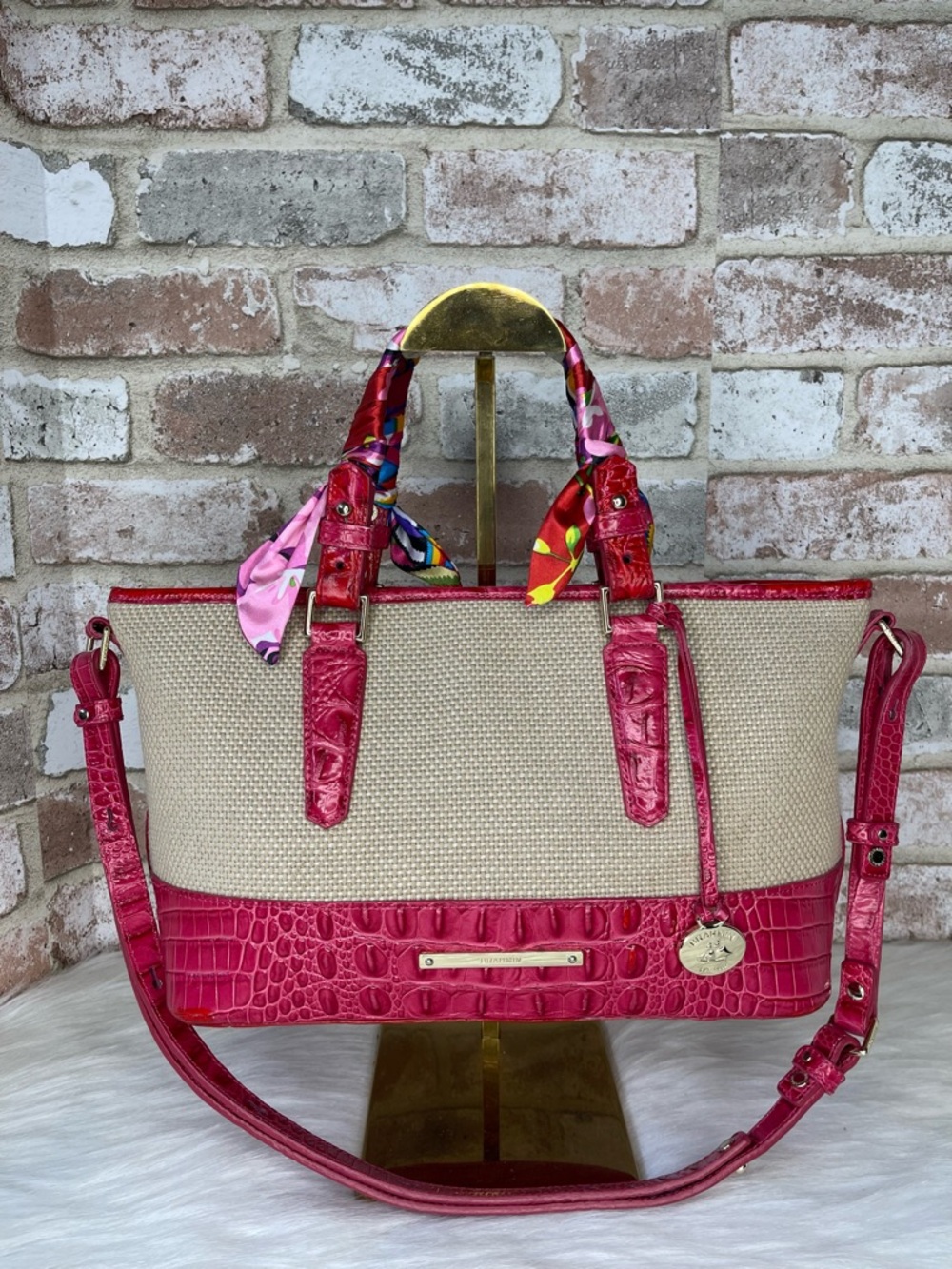 Brahmin Bright Pink and Tan Mini- Asher Shoulder Bag